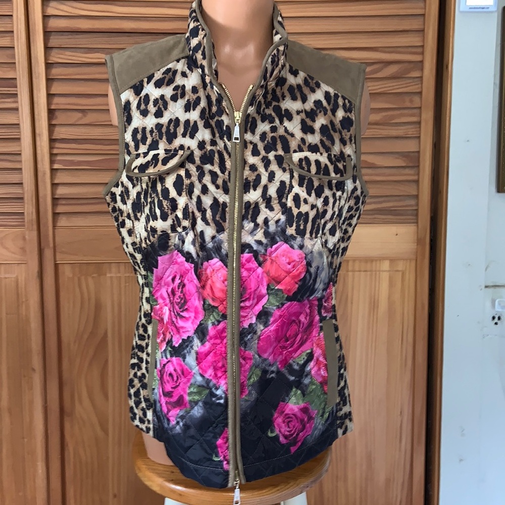 🐆BASLER 🌹Quilted, Leopard & Rose Vest high end casual size UK14 euro 40 US 10